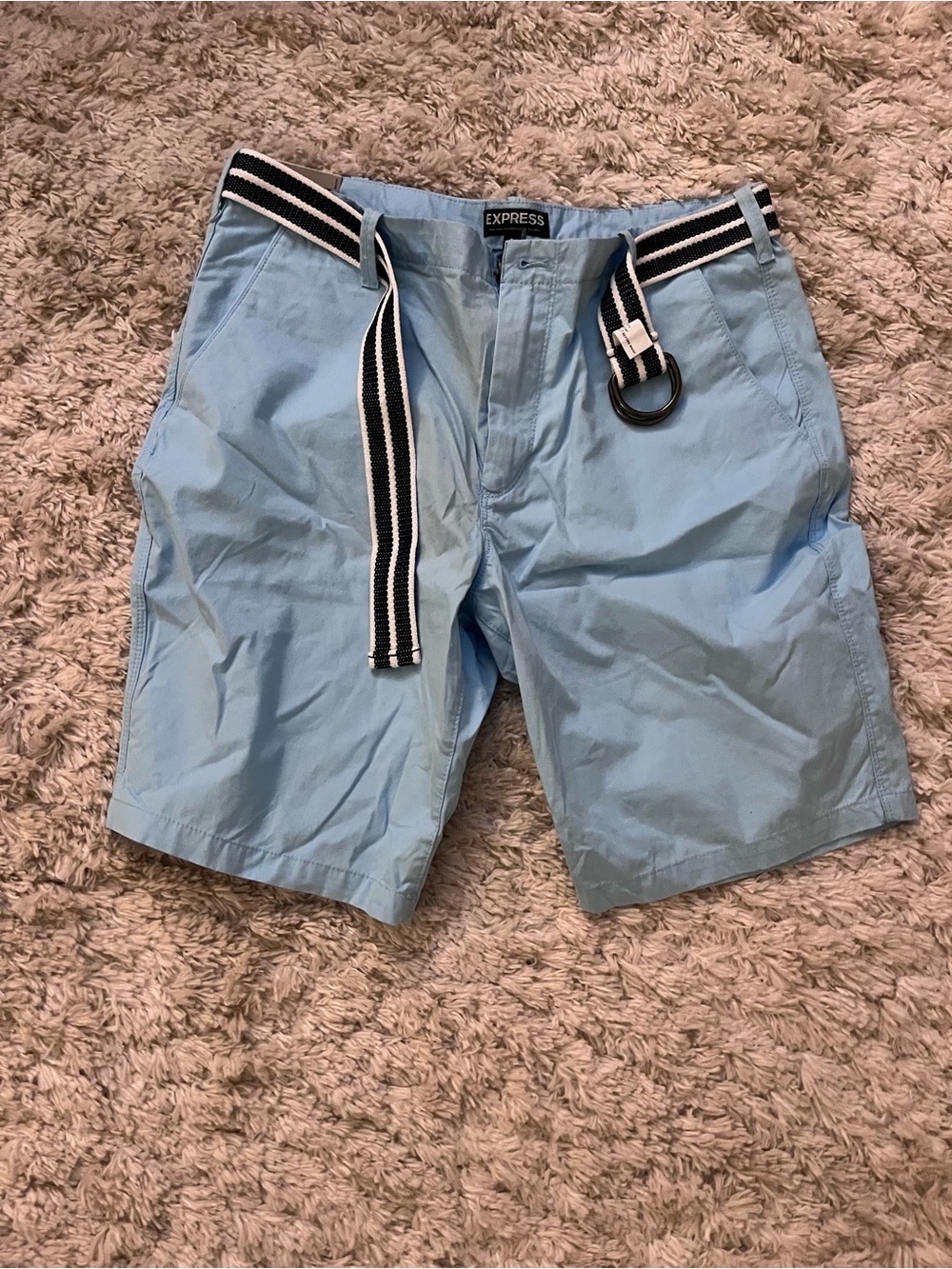 Express Light Blue Flat Front Men's Shorts with Striped Belt